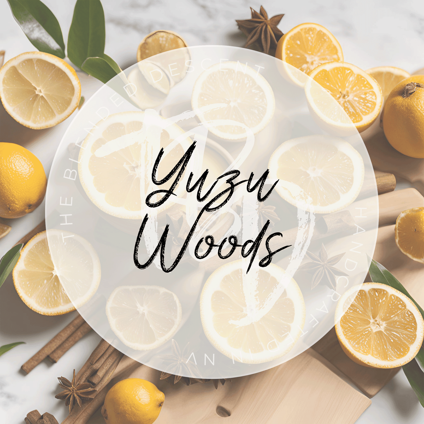 The image is a circular icon or label featuring the text "Yuzu Woods" in bold, handwritten-style font. The background consists of a flat-lay arrangement of sliced lemons, whole lemons, cinnamon sticks, and star anise, giving a fresh, citrusy, and warm visual. The text is overlaid in the center with a transparent circle, creating a clean and minimal look. The overall aesthetic suggests a blend of citrus and spice, consistent with the product’s name and scent profile.